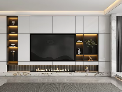 Elegant Modern TV Wall Interior With White Cabinets Fireplace LED Lighting And Decorative Shelves 3d model
