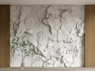 White Textured Stone Bedroom Accent Wall With Wooden Panels And Green Plant Vase 3d model