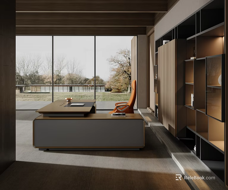 Modern Desk With Orange Chair Large Window View Outside Near Black Wooden Bookshelf 3d model 