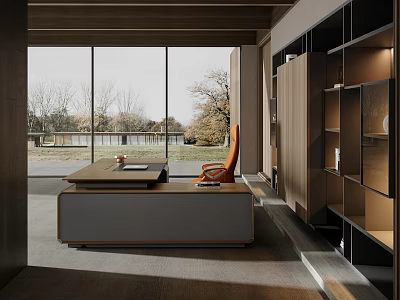 Modern Desk With Orange Chair Large Window View Outside Near Black Wooden Bookshelf 3d model