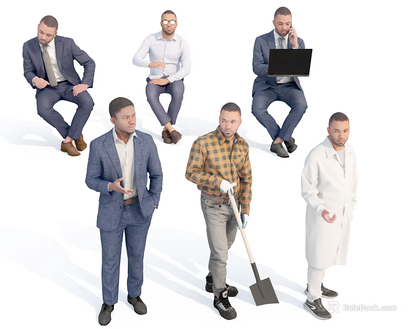 Men In Various Professional And Casual Attires Using Laptop Holding Shovel And Smartphones 3d model 