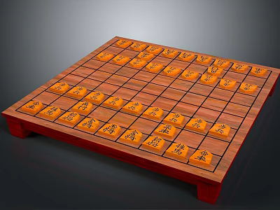 Traditional Chinese Chessboard With Orange Pieces On Wooden Grid Pattern Board 3d model