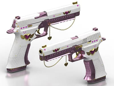 White And Purple Decorative Pistols With Heart Designs Chains And Gold Accents 3d model