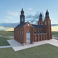 Red Brick Church With Tall Spires Crosses Green Grass And Blue Sky