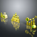 Shiny Golden Household Icons Including Storage Bags Coins Figures And Rising Arrow Design