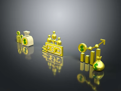 Shiny Golden Household Icons Including Storage Bags Coins Figures And Rising Arrow Design 3d model