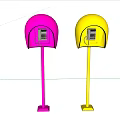 Pink And Yellow Telephone Booths With Open Design And Public Phone Equipment
