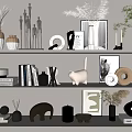 Elegant Decorative Ornament Combination With Vases Sculptures Books Cat Figurine And Plants On Shelves
