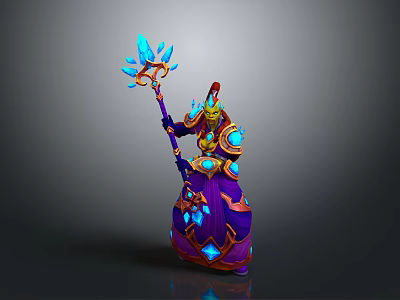 Game Fantasy Mage Character In Purple Blue Robe With Golden Headdress And Blue Crystal Staff 3d model