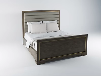 Modern Double Bed Featuring Upholstered Headboard Wooden Frame And White Pillows 3d model