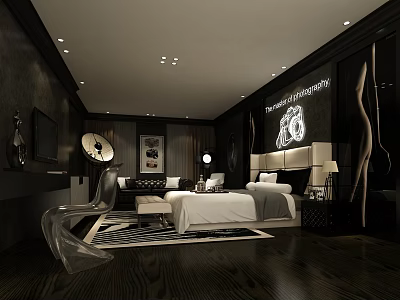 Hotel Guest Room Modern Design Featuring Dark Walls Wooden Flooring White Bed Sofa Round Mirror 3d model