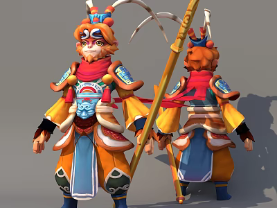 Colorful Mythical Monkey Character In Traditional Warrior Costume With Ornate Headdress And Golden Staff 3d model
