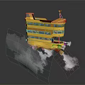 Yellow Double Decker Bus With Rocket Thrusters Floating In Air Emitting Smoke