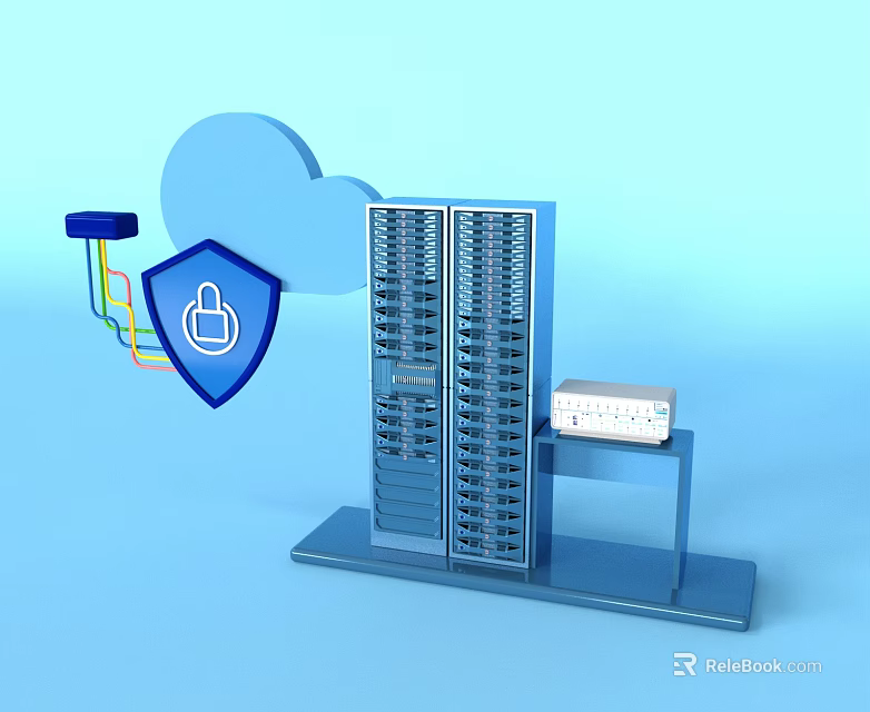 Business Server Equipment With Cloud Security Shield And Network Console Connection 3d model 