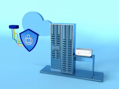 Business Server Equipment With Cloud Security Shield And Network Console Connection 3d model