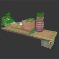 Rustic Wooden Table Display With Barrel Crates And Green Plant Decoration
