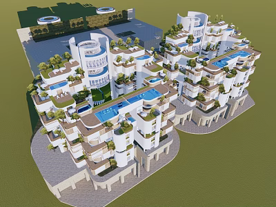 Modern Luxury Apartment Complex With White Circular Design Rooftop Pools And Gardens 3d model