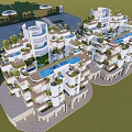 Modern Luxury Apartment Complex With White Circular Design Rooftop Pools And Gardens