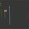 Ancient Weapons Collection Featuring Two Axes Long Spear And Wooden Bow With Arrow