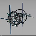 Intricate Mechanical Design Featuring Blue Pillars Black Rings Gears And Engine Parts On Dark Background