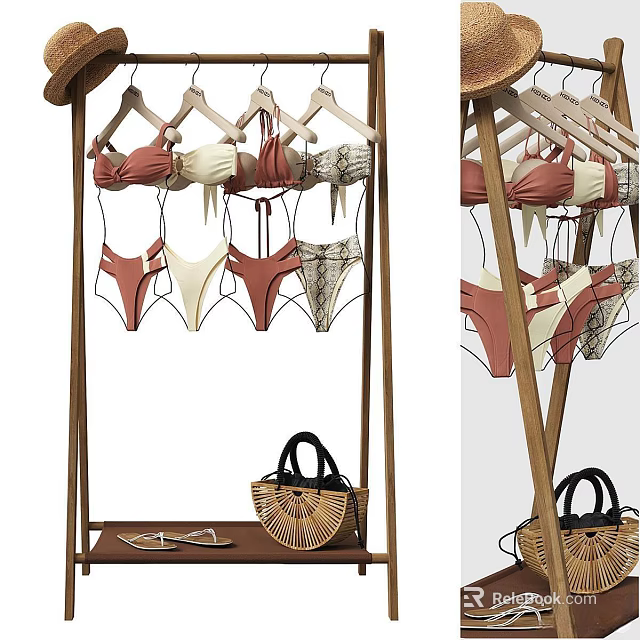Bikini Sets Display On Wooden Rack With Accessories 3d model