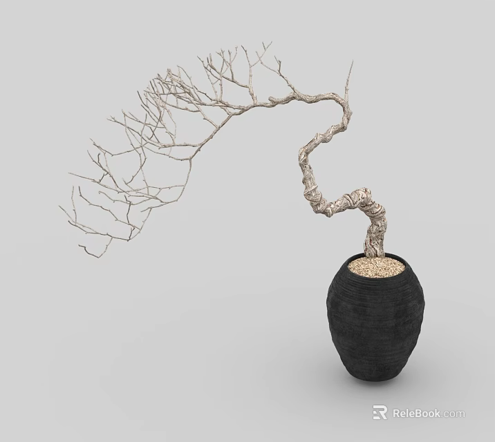 Bonsai Plant with Leafless Twisted Branches in Black Pot and Pebbles 3d model