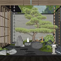 Tranquil Zen Courtyard Garden With Styled Pine Tree Stone Pathway Wooden Flooring And Stone Lantern