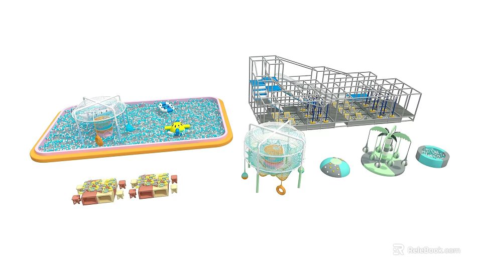 Outdoor Playground Equipment With Climbing Frame Slide Swing Rotating Facilities And Water Pool 3d model 