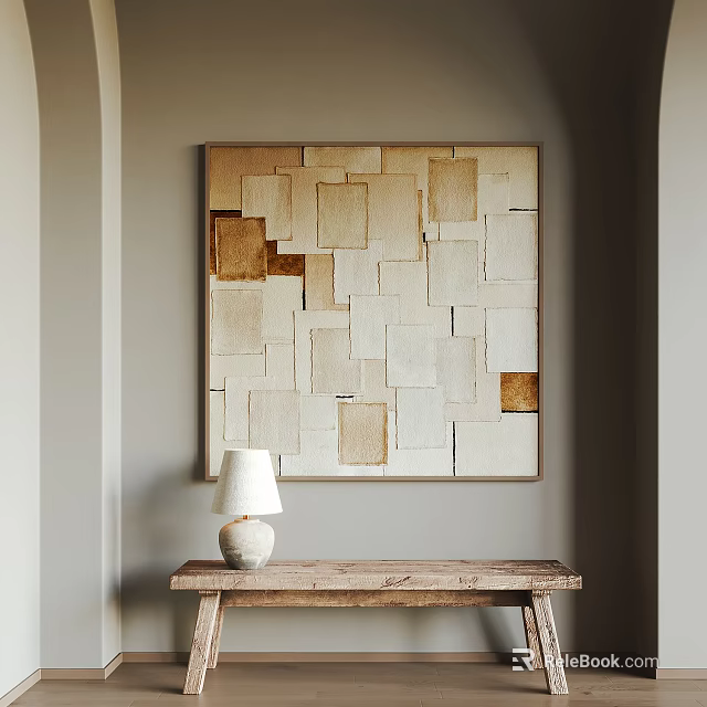 Modern Interior Wall Decoration With Square Panel Design And Wooden Table Lamp 3d model