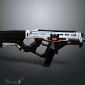 Futuristic Tactical Gun With White Black Finish Orange Accents And Rail System Design
