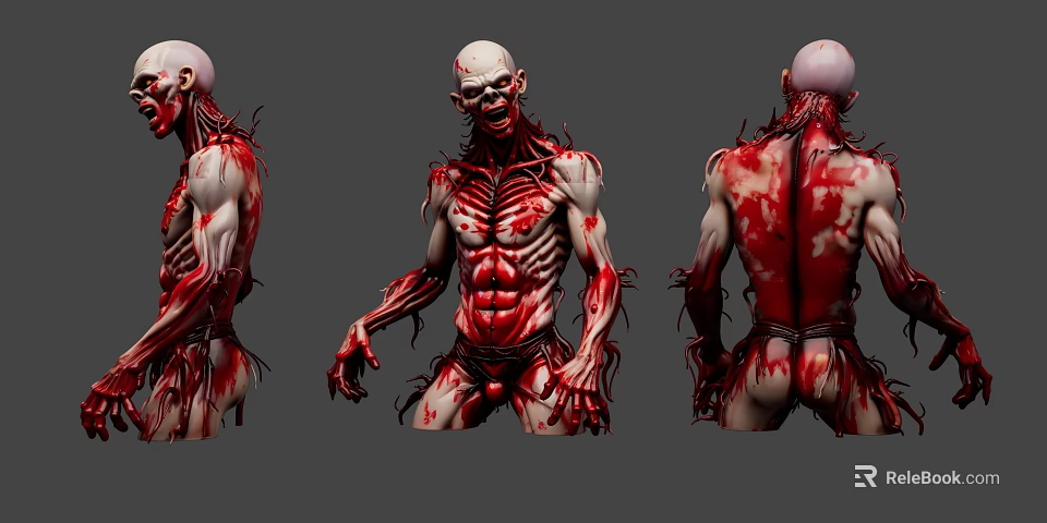 Horror Game and Movie Character With Exposed Muscles Pale Skin Bloody Texture And Tentacle Structures 3d model 