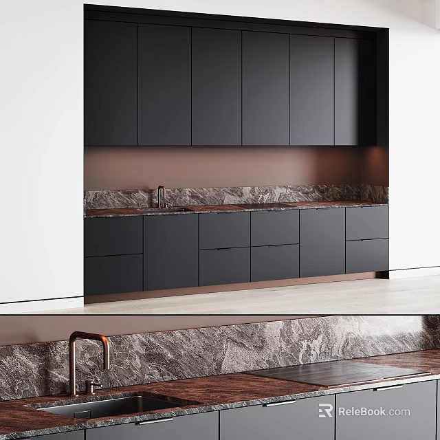 Modern Kitchen Interior With Black Upper Lower Cabinets And Marble Countertop 3d model 
