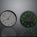 Two Analog Clocks With White And Glowing Green Dials Metal Frames On Gray Background