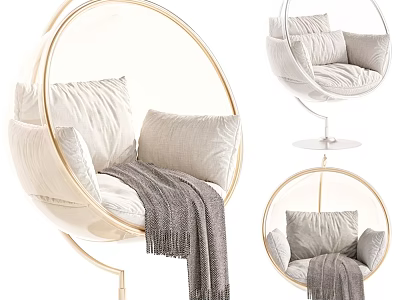 Round Golden Frame Hanging Chair With White Cushions And Gray Blanket 3d model
