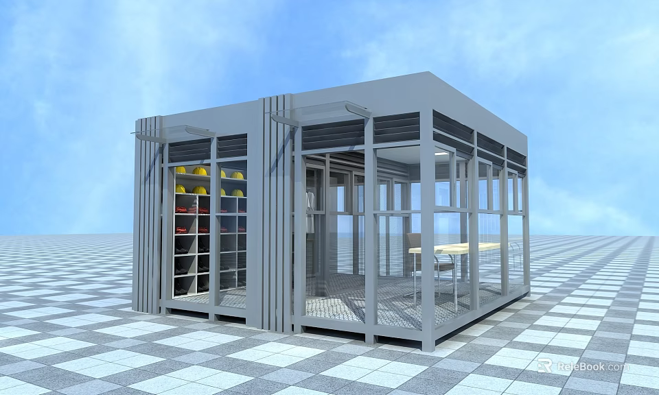 Modern Glass And Metal Modular Structure With Large Windows Shelves And Checkerboard Floor 3d model 