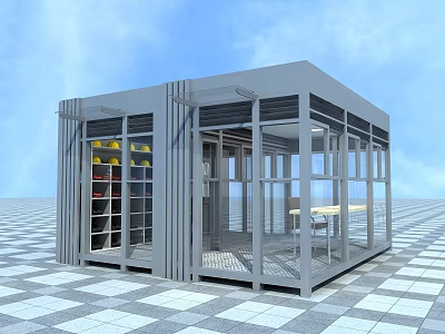 Modern Glass And Metal Modular Structure With Large Windows Shelves And Checkerboard Floor 3d model