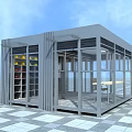 Modern Glass And Metal Modular Structure With Large Windows Shelves And Checkerboard Floor