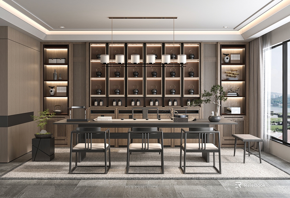 Elegant Tea Room Interior Design With Wooden Bookshelves Hanging Lights And Long Table 3d model 