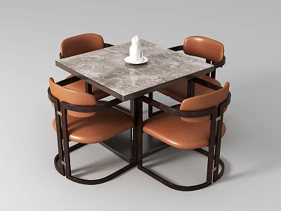 Modern Square Dining Table Set With Four Brown Upholstered Chairs And Marble Top 3d model