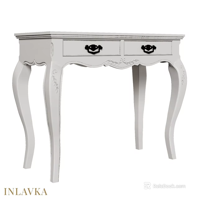 Elegant White Dressing Table With Two Drawers Black Handles And Carved Legs 3d model 