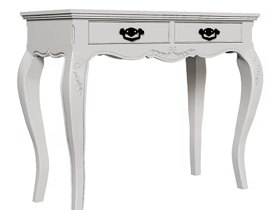 Elegant White Dressing Table With Two Drawers Black Handles And Carved Legs 3d model