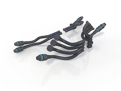 Black Curved Hoses Components With Multiple Flexible Tubes And Green Rings At Ends 3d model