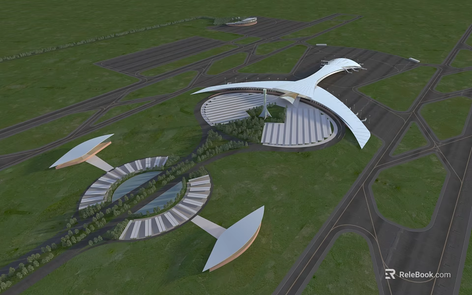 Aerial View Planning of Modern Architectural Complex With Curved Roof Circular Layout and Green Spaces 3d model 