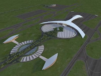 Aerial View Planning of Modern Architectural Complex With Curved Roof Circular Layout and Green Spaces 3d model