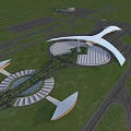 Aerial View Planning of Modern Architectural Complex With Curved Roof Circular Layout and Green Spaces