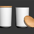 White Ceramic Cups With Honeycomb Texture And Wooden Lids On Dark Surface