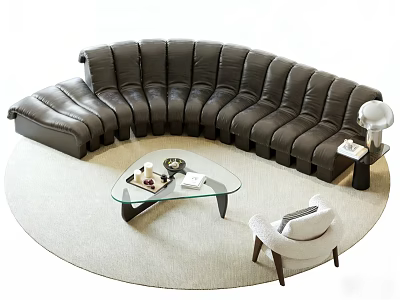 Curved Black Leather Sofa Set with Glass Coffee Table White Accent Chair and Table Lamp 3d model