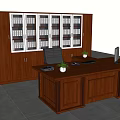 Wooden Office Desk With Large Wooden Bookshelf File Folders Potted Plant And Office Phone