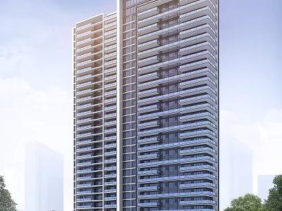 Modern High Rise Residential Building With Glass Facade And Urban Design 3d model