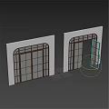 Modern Double Swing Door With Glass Panels And Metal Grid Frame